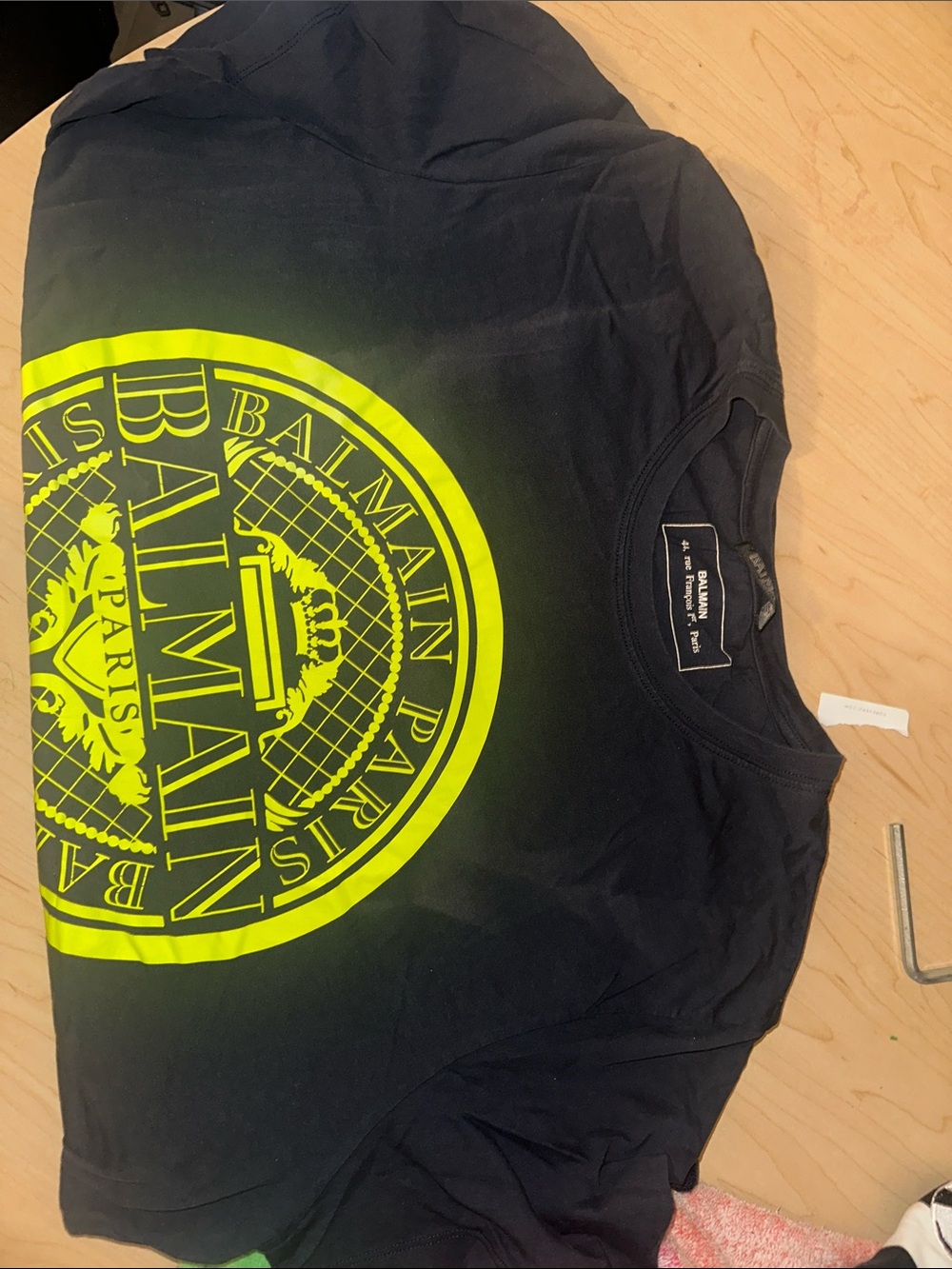 Balmain Men's Black T-Shirt with Neon Yellow Medallion Logo